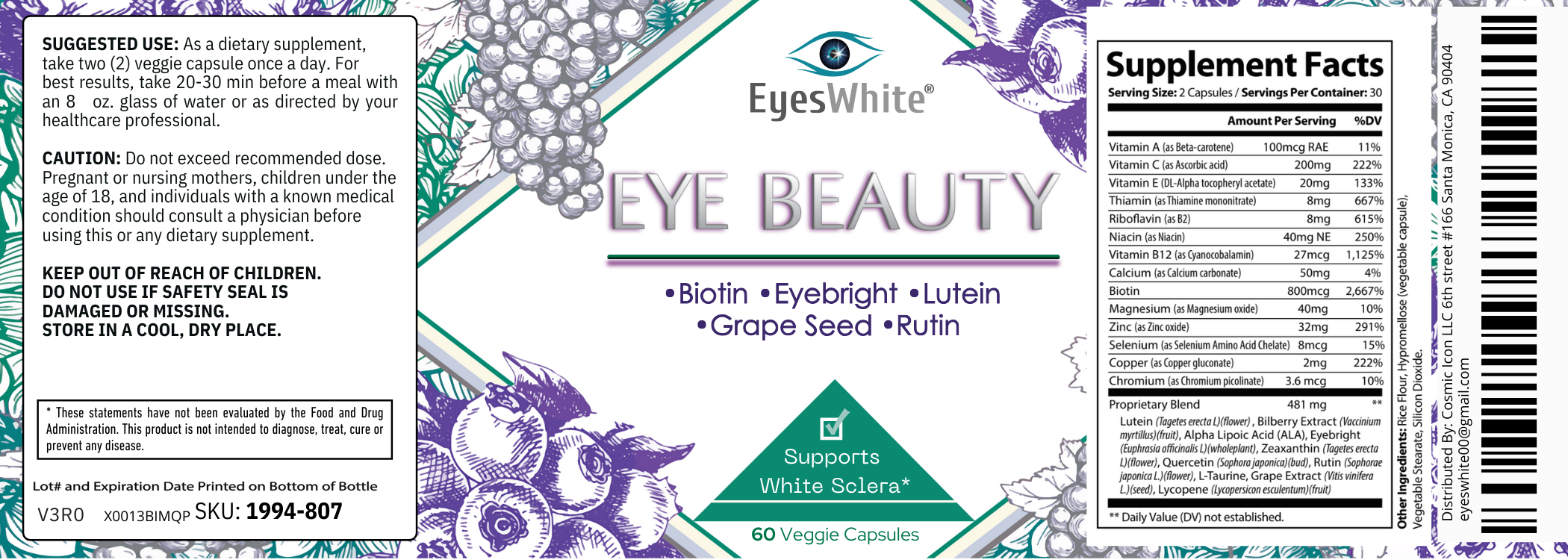 EyesWhite Eye Beauty Supplement 2 Pack - Lutein, Eyebright, Bilberry & Antioxidant Vision Support - 120 Capsules Total – image 7
