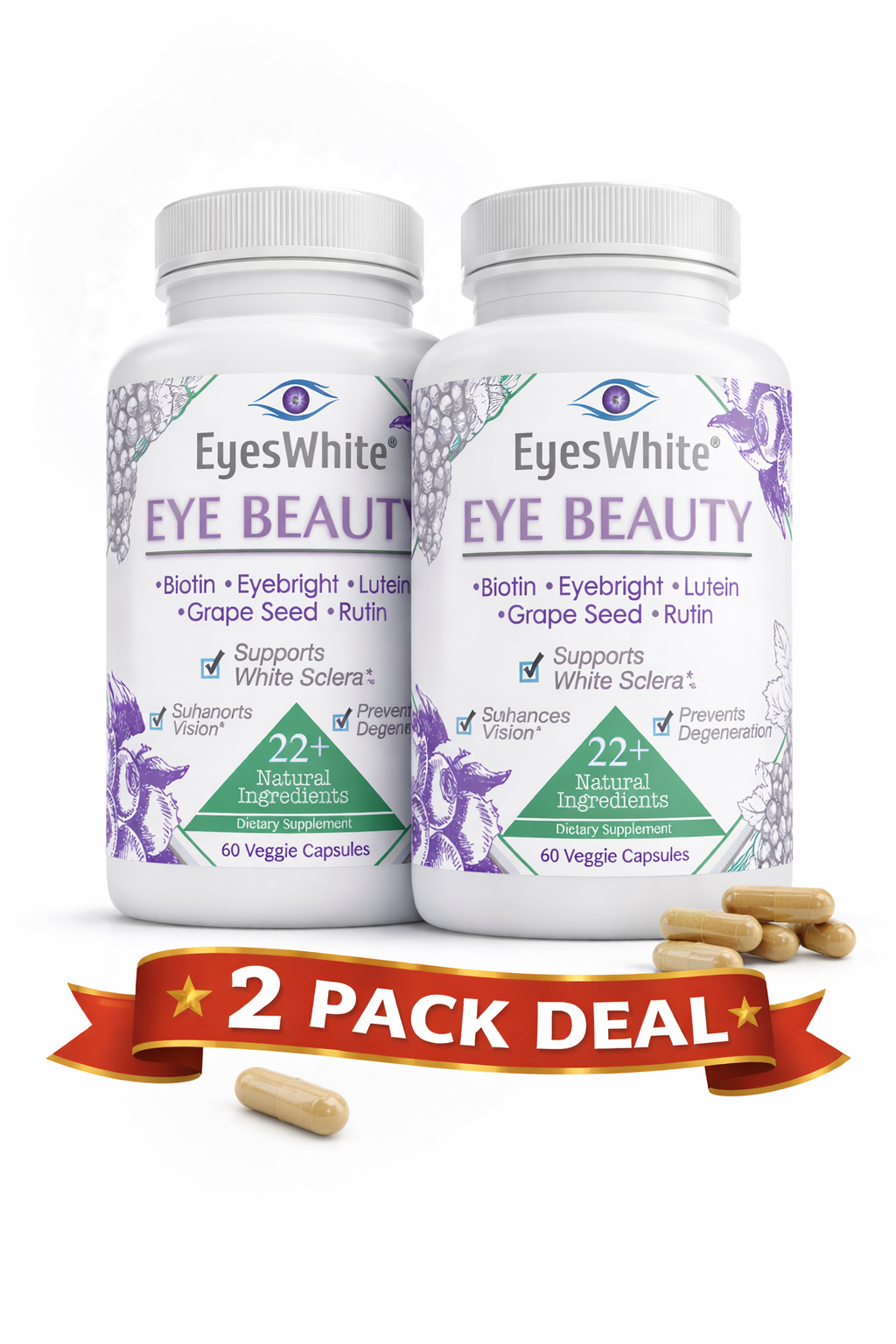 EyesWhite Eye Beauty Supplement 2 Pack - Lutein, Eyebright, Bilberry & Antioxidant Vision Support - 120 Capsules Total – image 1