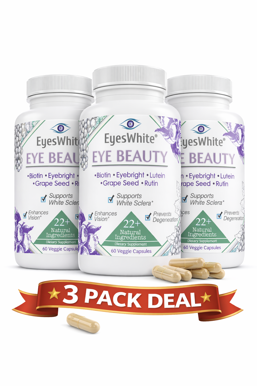 EyesWhite Eye Beauty Supplement 3 Pack Bundle - Lutein, Eyebright & Antioxidant Vision Support - 180 Capsules Total – image 1