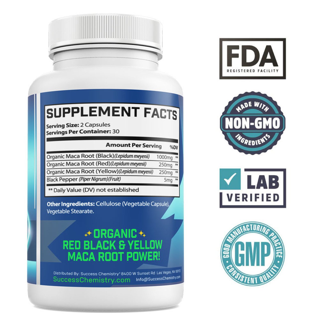 Maca Force Organic Root Supplement with Red, Black, and Yellow Maca by Success Chemistry - 60 Capsules – image 2