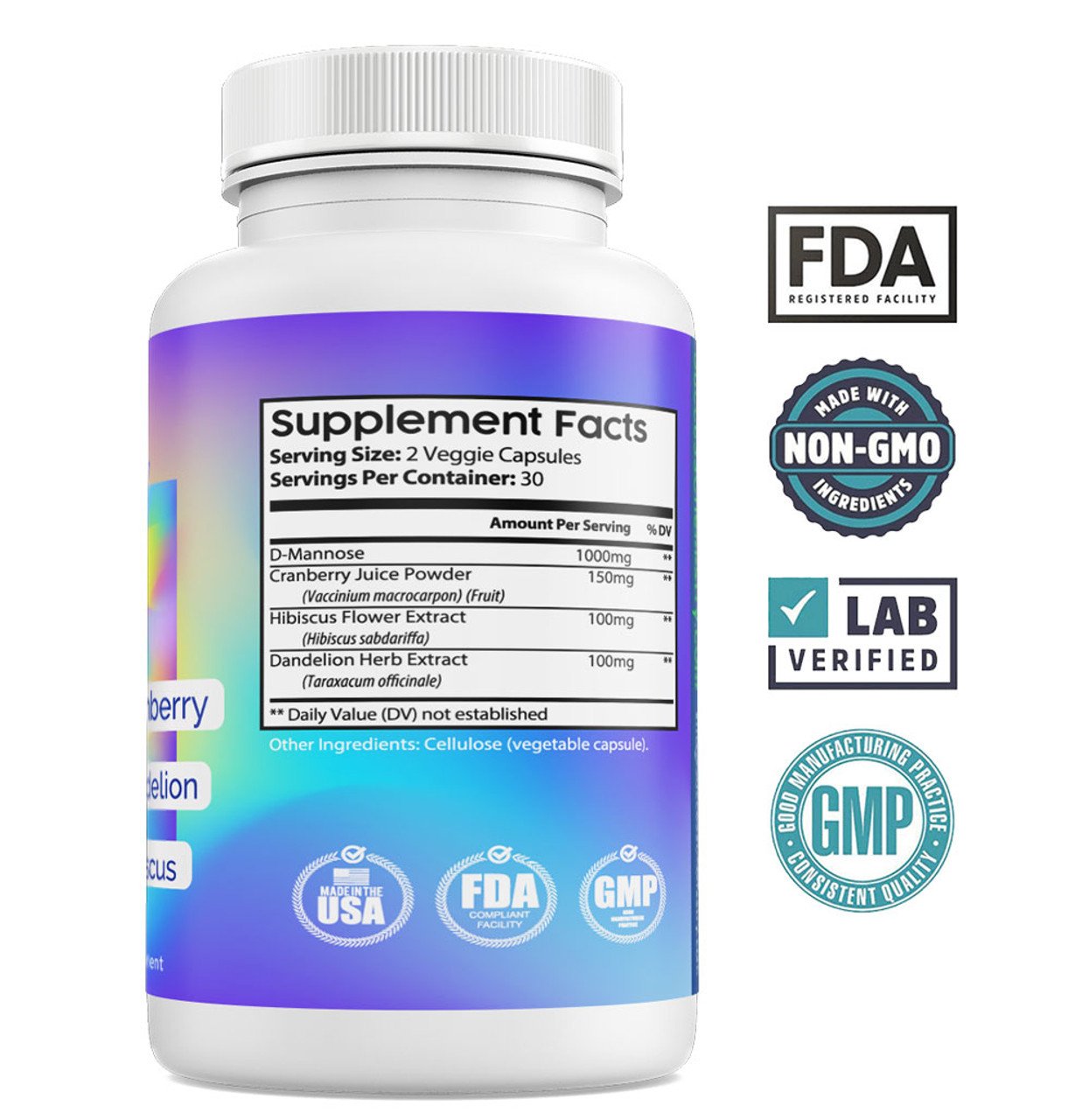 UTI Relief Complete Urinary Tract Health Supplement - D-Mannose, Cranberry, Hibiscus, and Dandelion Extract - Prevent and Treat UTIs Naturally - 60 Capsules – image 2