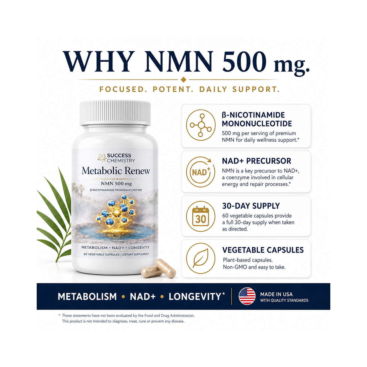 Success Chemistry Metabolic Renew - NMN 500 mg NAD+ Precursor Support - 60 Capsules – image 3