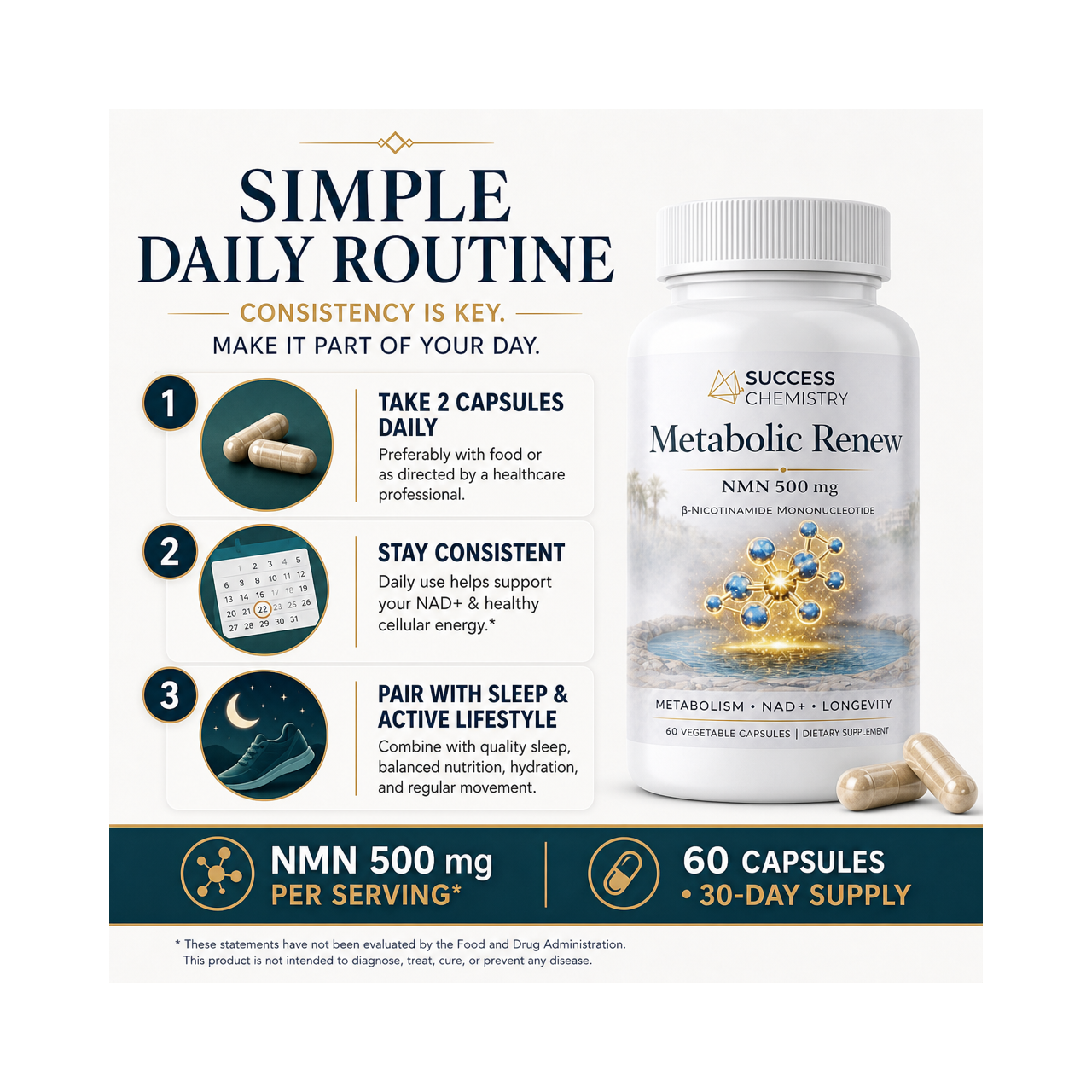 Success Chemistry Metabolic Renew - NMN 500 mg NAD+ Precursor Support - 60 Capsules – image 4